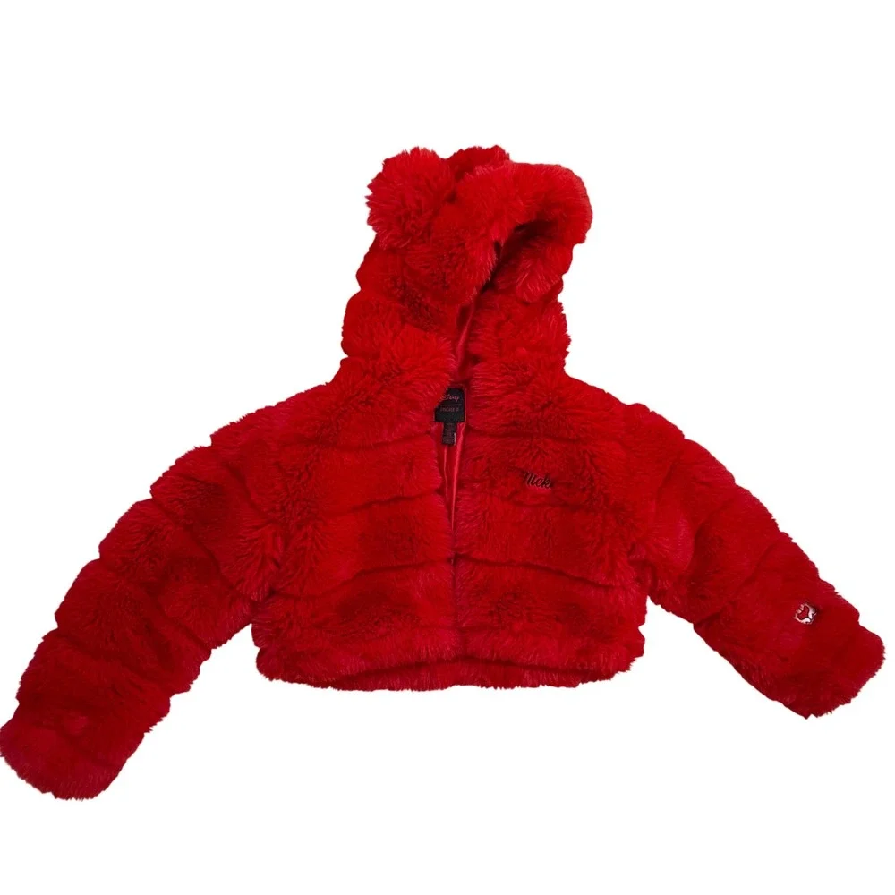 Disney Forever 21 Red Faux Fur Mickey Mouse Ear Hooded Cropped Jacket Womens M - Picture 2 of 8